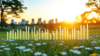 A field of daisies with a sunset sky in the background. A graph of rising bars is overlaid on the image.